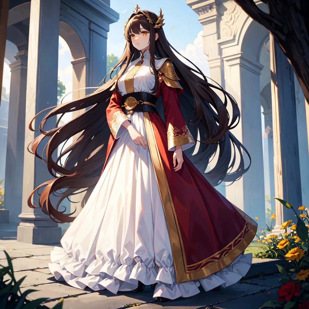 1 tall woman. long brown hair. wearing white long cape, black body fit clothes, red pants and black high boots. yellow eyes. reading scrolls in an outside garden. high res, ultrasharp, 8k, masterpiece