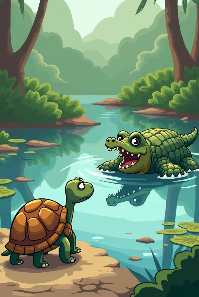 The tortoise is watching the big and angry crocodile go away in pond in 2d cartoon