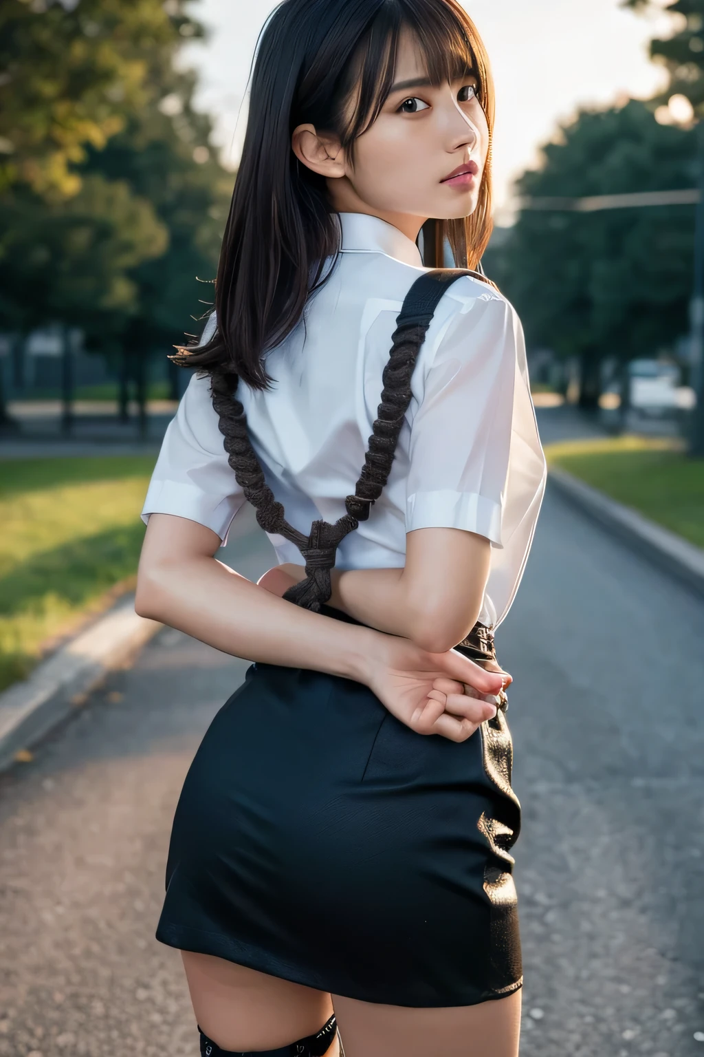 a woman in a suit, belt, hands behind back, sweating, suspenders, black pants, sexly, large breasts, see-through clothing,, detective, office worker, white button-up shirt, (best quality,4K,8k,highres,masterpiece:1.2),ultra-detailed,(realistic,photorealistic,photo-realistic:1.37),hyper-detailed,highly detailed face and body, Slender　thin　suspenders　Moderate breasts　See-through shirt　Nipples　holster　chain　Pistol　Armament　criminal　Female criminal　knife　japanese　profile　Japanese women　arrested handcuff　Cable tie on thumb　The woman has her hands tied、put your hands behind your back、(((I clasped my hands behind my back)))、(((Her wrists are wrapped in rope)))、beauty、２０Year、university student、Standing on a hill at night、There are a lot of trees、Beautiful night sky、There are many stars、A strong wind is blowing、Wearing a short-sleeved blouse、Wear a long skirt、Uniform eyes、Balanced、Moderate、Small breasts、Small face、(I can see from head to heel), Black Hair, bangs, Swept bangs, Straight hair, Nervous, Messy Hair, debtloating hair, Cinema Lighting, throw, Nikon, Surrealism, 超High resolution, Highest quality, High resolution, Anatomically correct body、, tachi-e, First Person View, debtrom behind, debt/1.2, 8k, Textured SkinMini Skirt　Knee-high　garter　handcuffs
