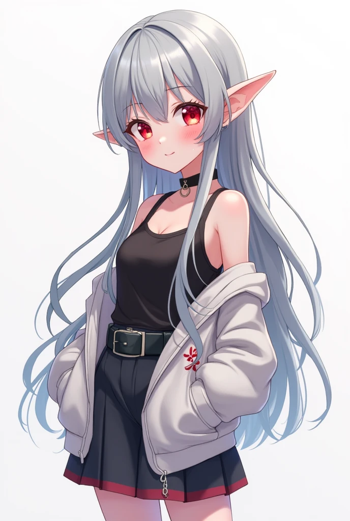 anime, anime style, Conceptual art, UHD, masterpiece, accurate, anatomically correct, textured skin, high details, high quality, award winning, best quality, highres, 4K, anime girl, vtuber design, character sheet, grey hair, red eyes, long hair, design sheet, multiple angle, full body, elf ears, short hair, idol, happy, teenage, white background, gfx design, social media composition, solo, character sheet