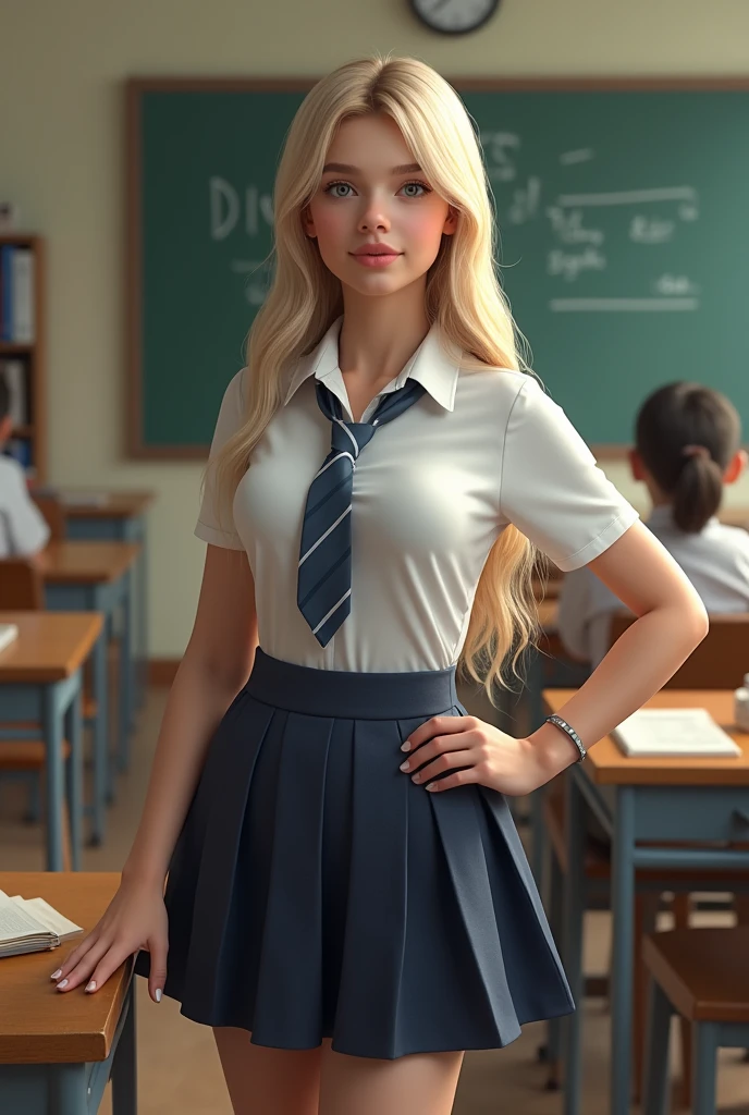Beautiful ((White american girl)) girl, 12 yo, (white skin american girl), in stylish american school uniform, realistic photo, blonde hair, large breasts , standing and looking, american classroom, detailed hands and face and eyes, full body, full body shot, 16k UHD