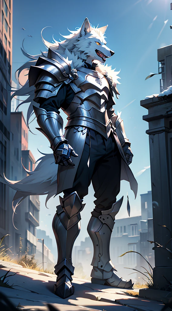 (best quality, 4K, 8k, high resolution, masterpiece:1.2), white wolf monster, White wolf in armor, furry wolf monster with short legs, Side pose, full body pose, Outdoor Lighting, vertical lighting, city background, Lunch hour, large claws on front feet, Gaze angle at shoulder height, meadow background, Front side view, Open your mouth and show your teeth.