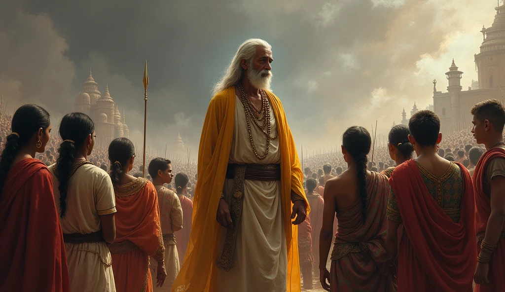 द्रोणाचार्य, एक अनुभवी और धीर संत, अपने शिष्यों के साथ युद्ध का निरीक्षण करते हुए, उनके चेहरे पर चिंतनशील भाव।