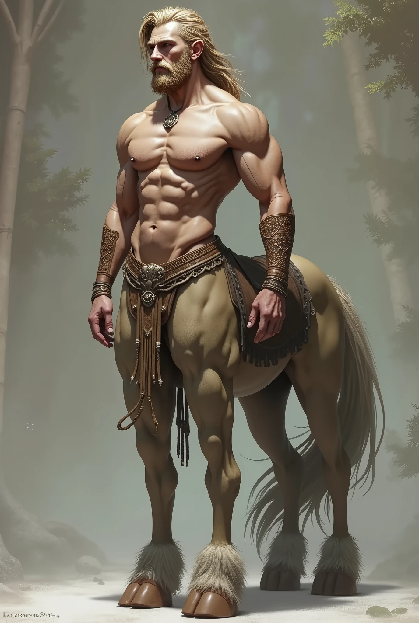 Create a stunning, semi-realistic image of a beautiful female adventurer standing at the edge of a mystical, fantasy forest, encountering a majestic centaur. This centaur, a horse-human hybrid, has an elaborate human face with a well-groomed beard, an exquisite, muscular chest and abs, and delicately detailed arms. The upper body of the centaur is entirely human, seamlessly merging into an extremely detailed horse body with powerful, muscular legs and a complex fur texture that flows naturally across its equine form. The centaur stands prominently before the adventurer, exuding a sense of ancient wisdom and power. The surrounding forest, filled with towering, ancient trees and glowing, otherworldly flora, casts an enchanting light, while sunbeams pierce through the canopy, enhancing the mystical atmosphere. The composition centers on the centaur, making it the focal point of this awe-inspiring, fantasy encounter.