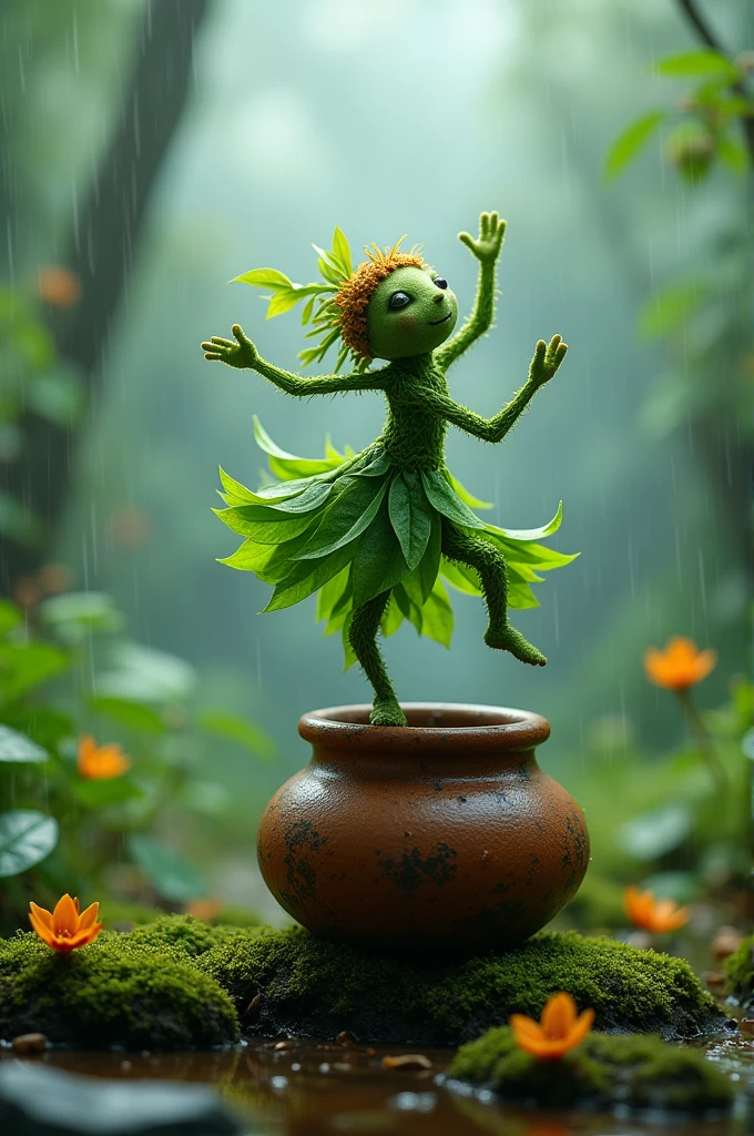 A whimsical miniature figure, crafted from a vibrant medley of green leaves, assumes a lively dancing pose atop a worn, earthy pot, surrounded by a lush forest scene awash in the soft, misty glow of rain-kissed greens and blues, evoking a sense of mythical wonder and serenity.