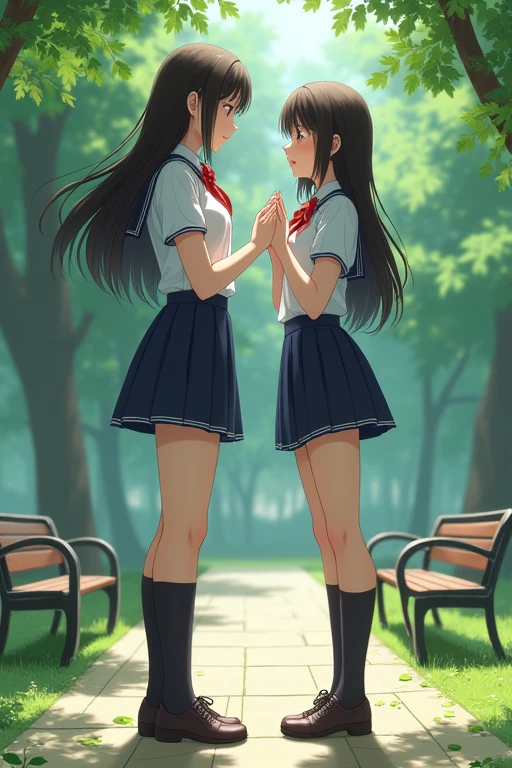 ((best quality)), ((masterpiece)), (detailed), High school girl {{{{{whose legs are 75% of her height}}}}}, very short upper body, {{{{{190cm}}}}}, school uniform, anime, very sexy, in the park, two girl