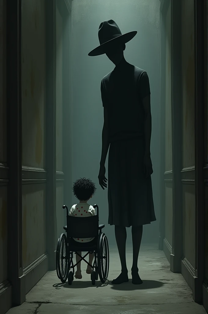 Skinny boy, skin color white, black curly hair, in a wheelchair with black pants and a white shirt with red dots, accompanied by a very tall, tall, and thin man with a large black hat. They walk down a hallway in a dark house