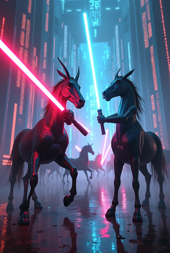 cyberpunk, Centaurs, lightsabers, neon, digital matrix,