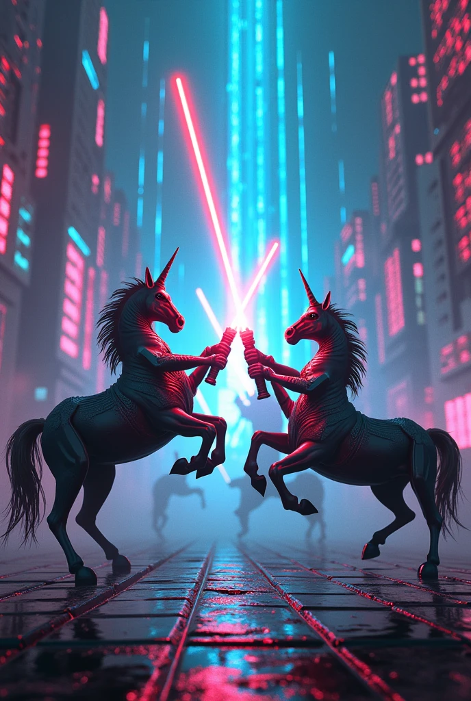 cyberpunk, Centaurs, lightsabers, neon, digital matrix,