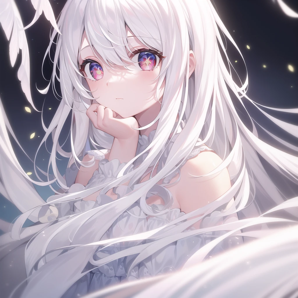 ((masterpiece, best quality))++, Detailed lighting+, Fine hair+, Detail Hand+ ,1 girl, miss, Neat long hair, Crimson eyes, beautiful eyes, Young white hair,,(Beautiful white hair:1.5),(Beautiful and delicate eyes), high resolution+,Glass tones, Reflective eyes, {{angle}} , Very detailed wallpaper, Original, Very beautiful CG,firefly,nature,