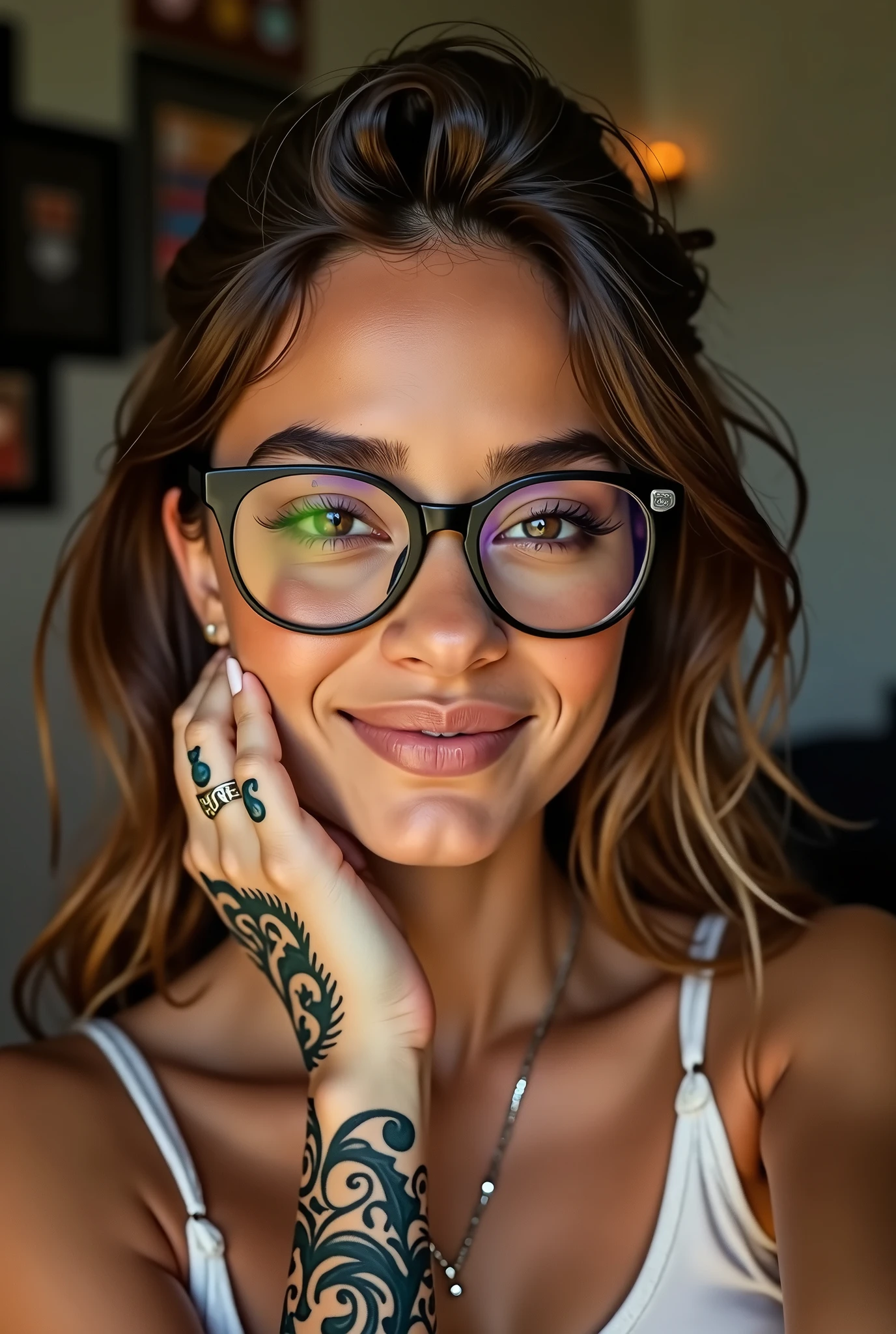 A beautiful pretty woman, of Venezuelan origin with tattoos on his hands and glasses, cinnamon brown color, taking a selfie and smiling 