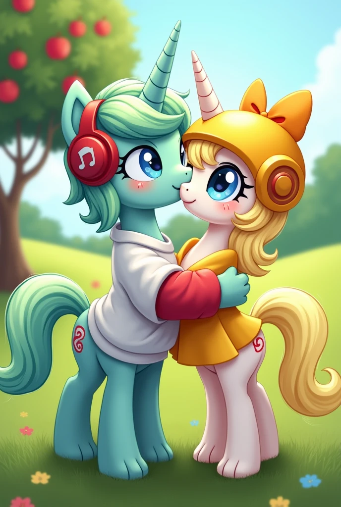 Male Alicorn Pony with mint green fur and white freckles,light green hair with blue streaks and blue eyes; white sweatshirt with red sleeves,red gamer headphones; music note cutemark. Winged a female alicorn pony with yellow hair and a yellow tail,White fur,big yellow bow on the nape of the neck,yellow helmets,light blue eyes; dress with short yellow skirt. Lovers kissing in a field in front of an apple tree. My Little Pony style 2D image