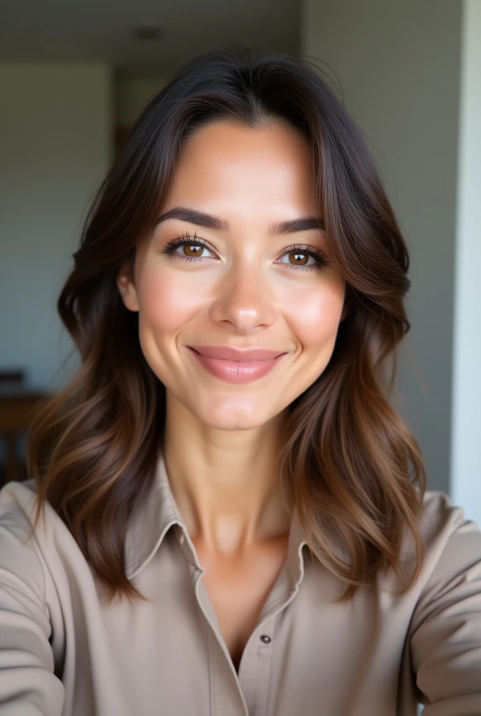 Generate a full face selfie of a 36 year lady with a brown hair ready to go to work