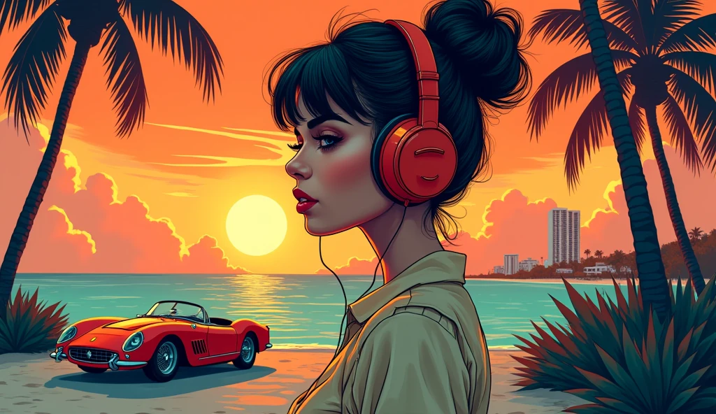 illustrated by hergé, style of tin tin comics, pen and ink., beautiful colors, attention to detail, retro girl, headphones, Miami, sunset, Ferrari, palm tree, 90's, (flat colors, flat texture, lineart:1.2), graphical design, (heavy ink, ink blacks),