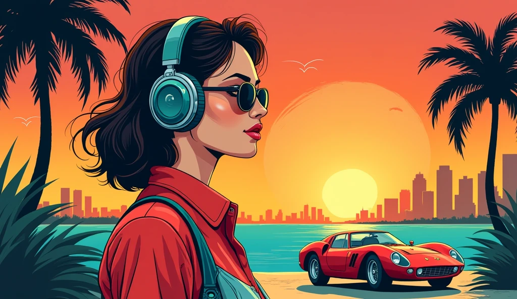 illustrated by hergé, style of tin tin comics, pen and ink., beautiful colors, attention to detail, retro girl, headphones, Miami, sunset, Ferrari, palm tree, 90's, (flat colors, flat texture, lineart:1.2), graphical design, (heavy ink, ink blacks),