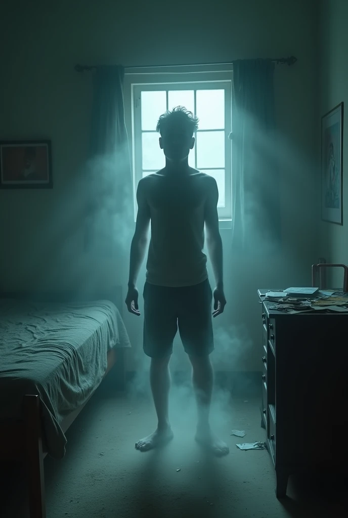 "A young man named Varun, mid-transition between visible and invisible, is standing in his room. His legs are already invisible, while his torso and face are fading, surrounded by a mysterious, shimmering aura. The room is dimly lit, with a simple bed, a table with scattered papers, and a window through which a faint light enters. The expression on Varun's face is a mix of confusion, curiosity, and excitement. The atmosphere is both eerie and intriguing, as if something supernatural is unfolding in a seemingly ordinary setting."
