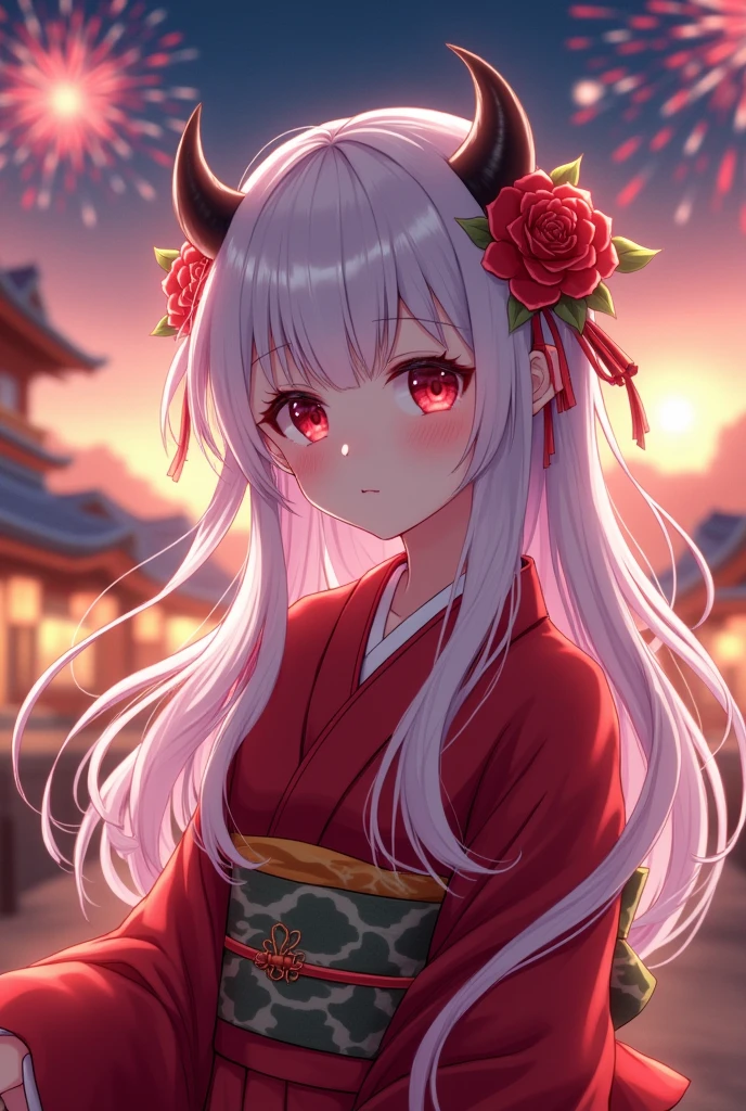 Anime girl, (masterpiece), best quality, expressive eyes, perfect face, cute devil, long white hair, red eyes, cute, wearing red kimono, no tail, no wings, cute face, human ears, at Japanese fireworks festival, wearing Japanese accessories on the right head, fireworks, nighttime, semi realism