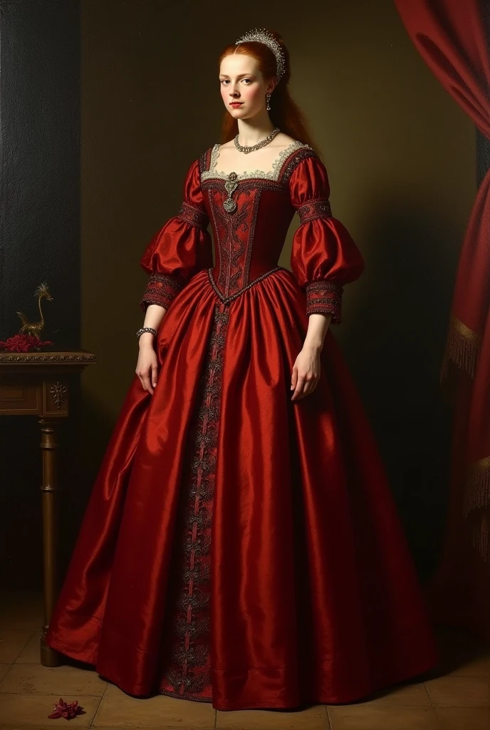 An oil painting of queen Elizabeth daughter of Anne Boleyn in a full dark red gown with open hair from the other Boleyn girl
