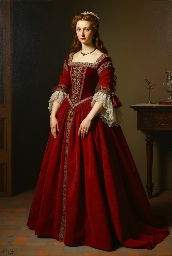 An oil painting of queen Elizabeth daughter of Anne Boleyn in a full dark red gown with open hair from the other Boleyn girl