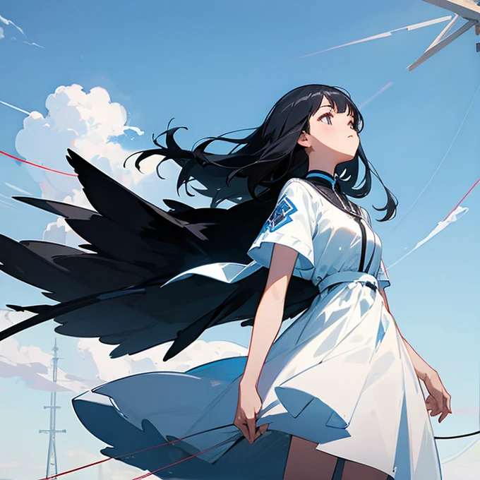 A girl with shiny black hair, wearing a pure white dress, looking up at the blue sky, lots of electric wires, a pylon, a crow, a strong wind, sunlight, loneliness