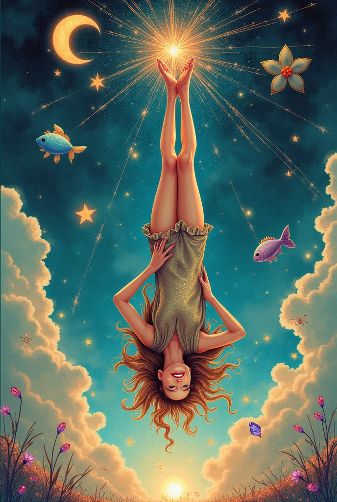 sparks clouds sparks moon stars , white blue sky sparks,, remedios varo SURREALISM harlequin hanging out upside down by feet smiling  wavy hair. long cape sparks, liliums sparks  , sky full of  sparks   , heart sparks ,, stars sparks  , ,jewels SPARKS diamonds pearls rubies zafires ,  barbwire silver sparks , the four elements garland , fishes , white ice blue scarlet orange whitesparks, fireflies
[Watercolor (SDXL)]
