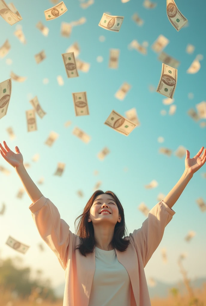 A beautiful Korean girl smiles happily, looks up, and spreads her arms, waiting to receive money, which is falling from the sky in large amounts.