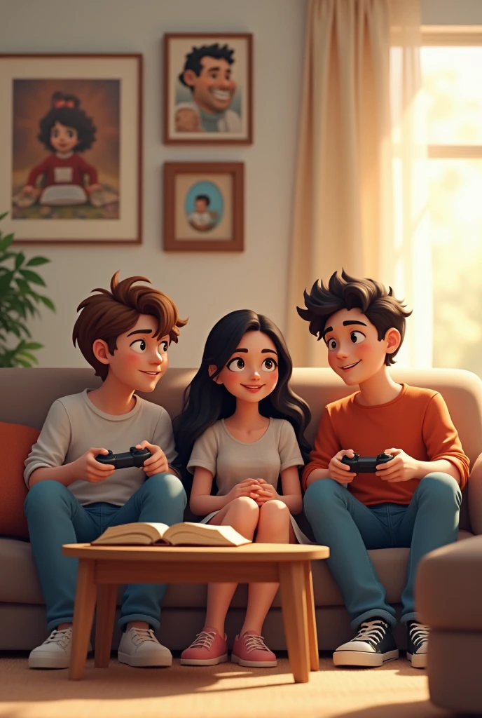 Here’s a description for an image featuring two 1 brothers and their 1 sister:
---
**Scene Description**:
In a bright, modern living room, two 1 brothers and their 1 sister are spending time together.
- **Brother 1**: Taller, with short brown hair, wearing a casual shirt and jeans. He’s sitting on a sofa, looking relaxed.
- **Brother 2**: Slightly shorter, with curly dark hair, dressed in a hoodie and sneakers. He’s leaning against a wall, holding a game controller.
- **Sister**: In between her brothers, with long, straight black hair, wearing a stylish dress and holding a book. She’s smiling, engaging in a conversation with her brothers.
The room is cozy, with light-colored walls, a coffee table in the middle, and a few framed family photos on the walls.
---
This should create a warm and familial atmosphere, showcasing their close bond and relaxed interaction.