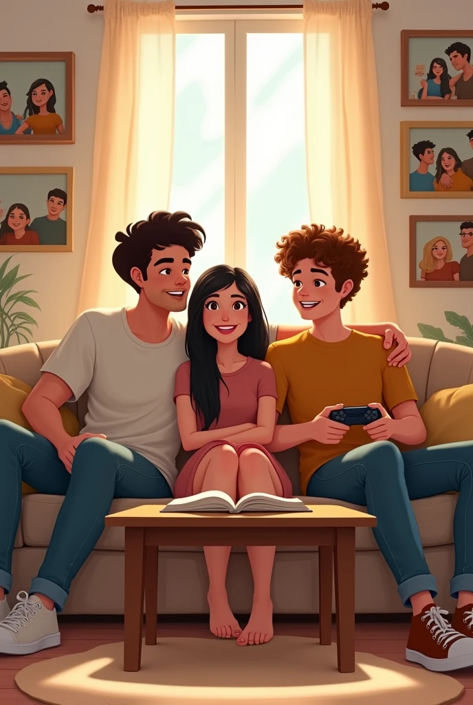 Here’s a description for an image featuring two 1 brothers and their 1 sister:
---
**Scene Description**:
In a bright, modern living room, two 1 brothers and their 1 sister are spending time together.
- **Brother 1**: Taller, with short brown hair, wearing a casual shirt and jeans. He’s sitting on a sofa, looking relaxed.
- **Brother 2**: Slightly shorter, with curly dark hair, dressed in a hoodie and sneakers. He’s leaning against a wall, holding a game controller.
- **Sister**: In between her brothers, with long, straight black hair, wearing a stylish dress and holding a book. She’s smiling, engaging in a conversation with her brothers.
The room is cozy, with light-colored walls, a coffee table in the middle, and a few framed family photos on the walls.
---
This should create a warm and familial atmosphere, showcasing their close bond and relaxed interaction.