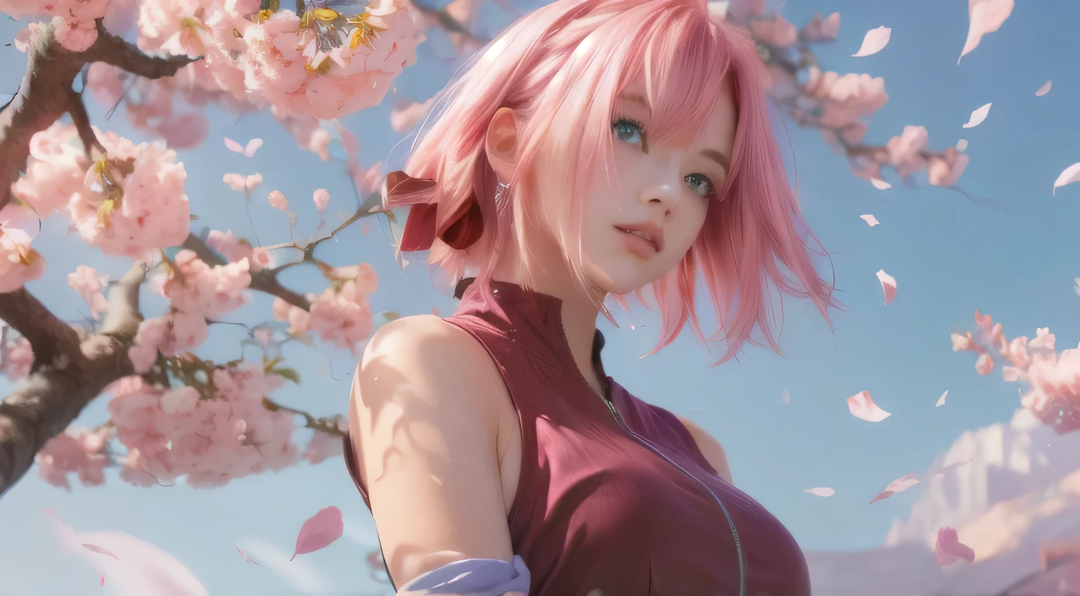 girl with pink hair and blue eyes standing in front of a tree,