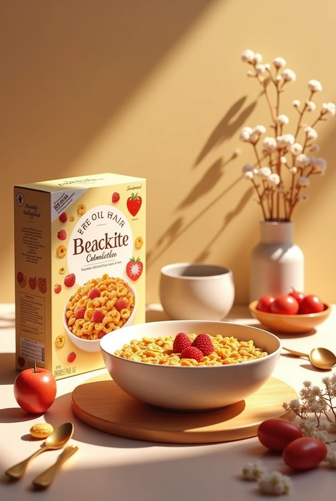 (photorealism:1.2), Hi, I need you to put a cereal and its box., Also, put a plate with cereal with a nice background and add fruit., add dishes, Vases, spoons