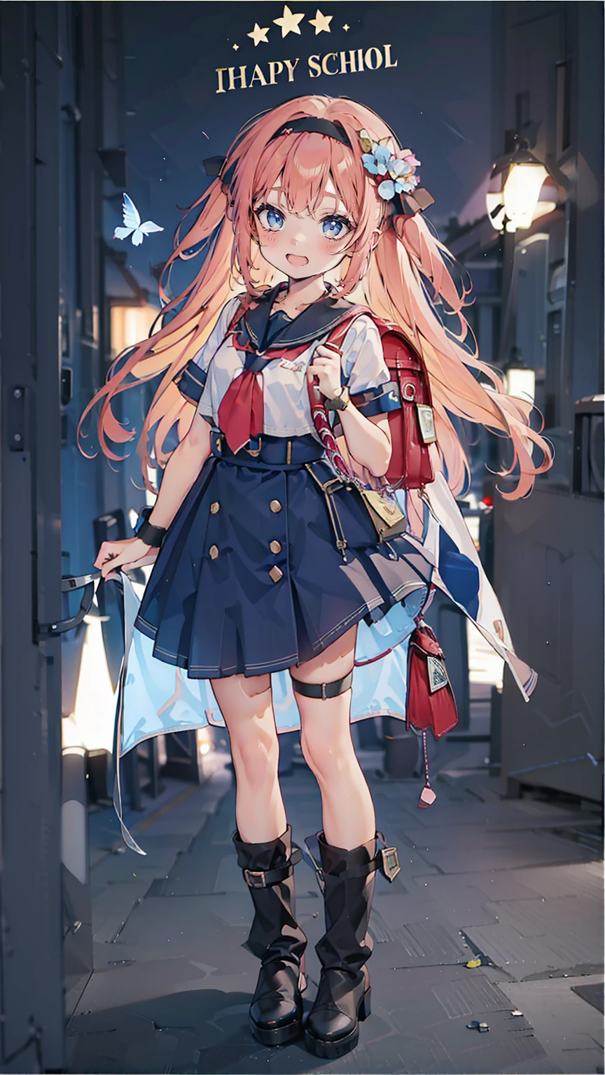 Anime Style、Storytelling、、beautiful girl、とてもcute天使、Red school bag、cute、Baby Face、smile、Long skirt、Black long boots、Very cute headband、Very cute dress
