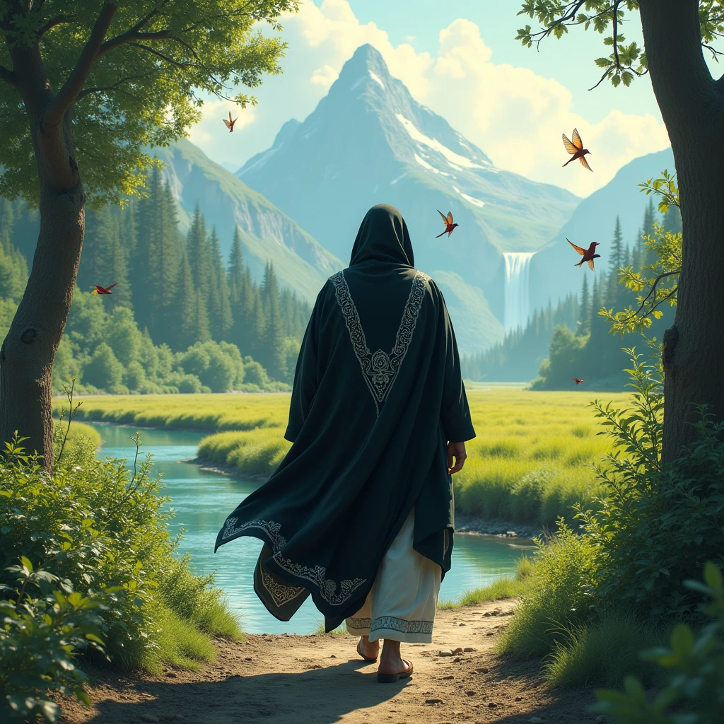 ### Central Figure: Cabuliwala
- **Positioning**: The Cabuliwala, in a black cloak with white accents and carrying a sword, should be centrally positioned, facing away from the viewer. He should be walking or standing on a narrow path.
- **Appearance**: The cloak should be black with white details, draping naturally with visible folds and movement. Underneath the cloak, a white garment should be visible at the edges. The cloak should cover his form completely, with no visible skin or features. The sword should be detailed, either sheathed at his side or held in his hand.
- **Details**: The black and white colors should have high contrast. Intricate white patterns or designs on the cloak can add depth.
### Background Elements
#### A. Road
- **Description**: A narrow, rough, and uneven path with gravel or small stones scattered to give a natural, rugged appearance.
#### B. Vegetation
- **Position**: Trees of various sizes on one side of the road.
- **Types and Colors**: Vibrant green leaves with blooming flowers in red, yellow, purple, and blue around the trees and on the ground.
#### C. Stream
- **Location**: Opposite the trees, a clear stream with visible rocks underwater and partially exposed.
- **Features**: Gentle movement with slight ripples or waves in the crystal-clear water.
#### D. Field
- **Placement**: Beyond the stream, a vast, lush green field with tall grass and a few wildflowers.
#### E. Mountains and Waterfall
- **Location**: In the distance, a majestic mountain with a cascading waterfall.
- **Waterfall**: Clear and dynamic, with multiple streams and a misty effect at the base.
- **Mountains**: Rugged and textured, possibly with snow at the peaks.
### Birds
- **Types and Colors**: Small, colorful lovebirds flying in the sky and perched on tree branches, with vibrant colors contrasting with the greenery.
### Final Notes
- **Lighting and Atmosphere**: Use soft, golden light for a magical, serene feel. Shadows should enhance depth, particularly ar