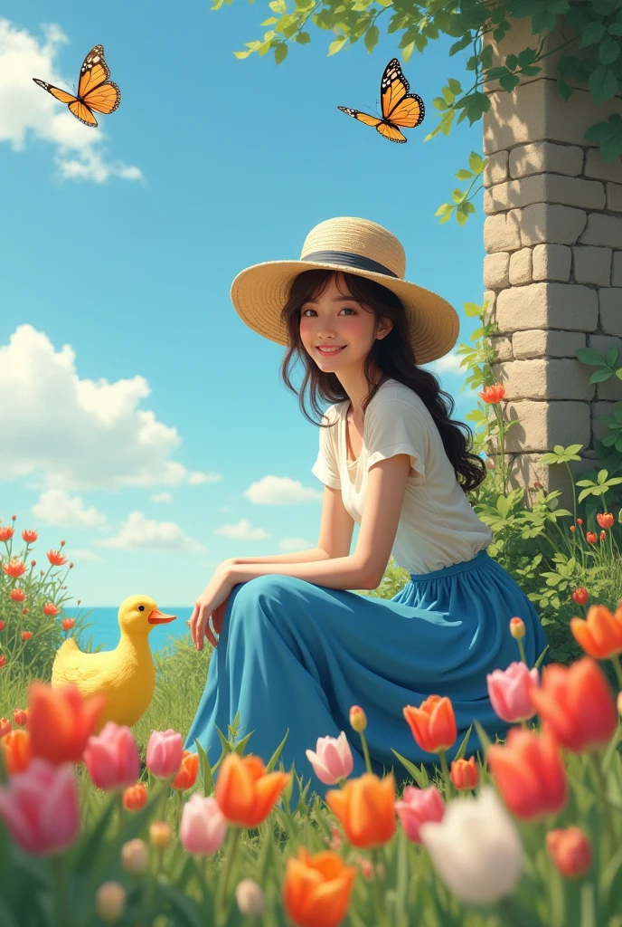 1.Adult girl in light-colored straw hat and top paired with blue skirt, seated beside a stone wall, gracing the scene with a smile, yellow duck by her side, surrounded by a foreground of colorful tulips, under a blue sky scattered with white clouds, butterflies in mid-flight, digital painting, ultra fine, cinematic.
