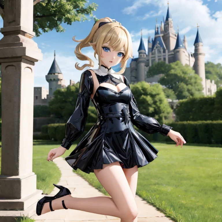 Best quality, expressive eyes, perfect face, One, blue eyes, short light ponytail, blonde, gin, wearing a short black latex dress , shoes, genshin impact, totk, full length, stands in the castle, younger sister, Barbara, blue eyes, two light tails, blonde, wearing latex dress, open legs, heels, kiss on the lips, girl girls, sisters,