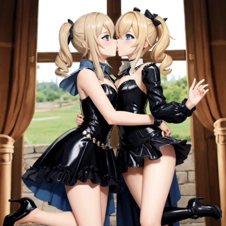 Best quality, expressive eyes, perfect face, One, blue eyes, short light ponytail, blonde, gin,  wearing a short black latex dress , shoes, genshin impact, totk, full length, stands in the castle,  younger sister, Barbara, blue eyes, two light tails, blonde, wearing latex dress, open legs, heels, kiss on the lips, girl girls, sisters, 