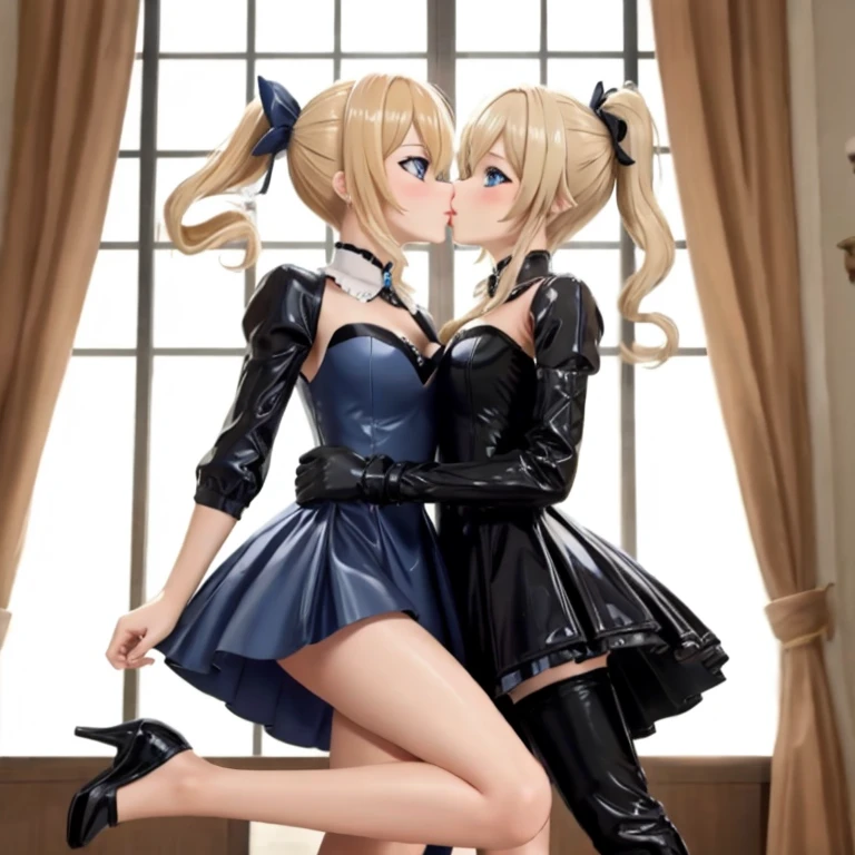 Best quality, expressive eyes, perfect face, One, blue eyes, short light ponytail, blonde, gin,  wearing a short black latex dress , shoes, genshin impact, totk, full length, stands in the castle,  younger sister, Barbara, blue eyes, two light tails, blonde, wearing latex dress, open legs, heels, kiss on the lips, girl girls, sisters, 