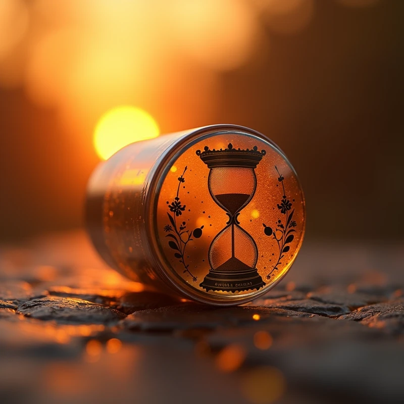 one (((pill capsule))) with one (((transparent inner shell))) that subtly incorporates the silhouette of a ((hourglass with its intricate details and ornate patterns)) while the lid design reflects the (soft glow of the sunset behind her), displaying (((vivid contrasting colors of dark amber and light amber))) that blend beautifully with the (distinct bright orange hue) from the surface of the hourglass. or (minimalist design) the cap is elegant and modern,or ((modern and elegant design)) of the cap incorporates (((a silhueta icônica de uma hourglass with its intricate details and ornate patterns))), displaying seu (vivid contrast against the (amber background of the setting sun and the soft shadows it casts on the surroundings. or design moderno do boné é elegante e minimalista, with emphasis on the hourglass shape and the (amber tones that convey a sense of warmth and nostalgia
