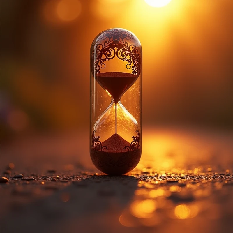 one (((pill capsule))) with one (((transparent inner shell))) that subtly incorporates the silhouette of a ((hourglass with its intricate details and ornate patterns)) while the lid design reflects the (soft glow of the sunset behind her), displaying (((vivid contrasting colors of dark amber and light amber))) that blend beautifully with the (distinct bright orange hue) from the surface of the hourglass. or (minimalist design) the cap is elegant and modern,or ((modern and elegant design)) of the cap incorporates (((a silhueta icônica de uma hourglass with its intricate details and ornate patterns))), displaying seu (vivid contrast against the (amber background of the setting sun and the soft shadows it casts on the surroundings. or design moderno do boné é elegante e minimalista, with emphasis on the hourglass shape and the (amber tones that convey a sense of warmth and nostalgia
