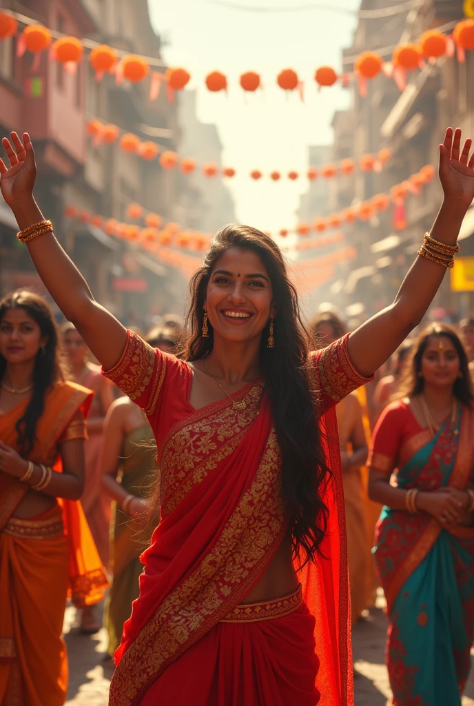 नगर में हो रहे उत्सव, खुशहाल लोग, रंग-बिरंगे वस्त्र और जश्न का माहौल। भारतीय संस्कृति