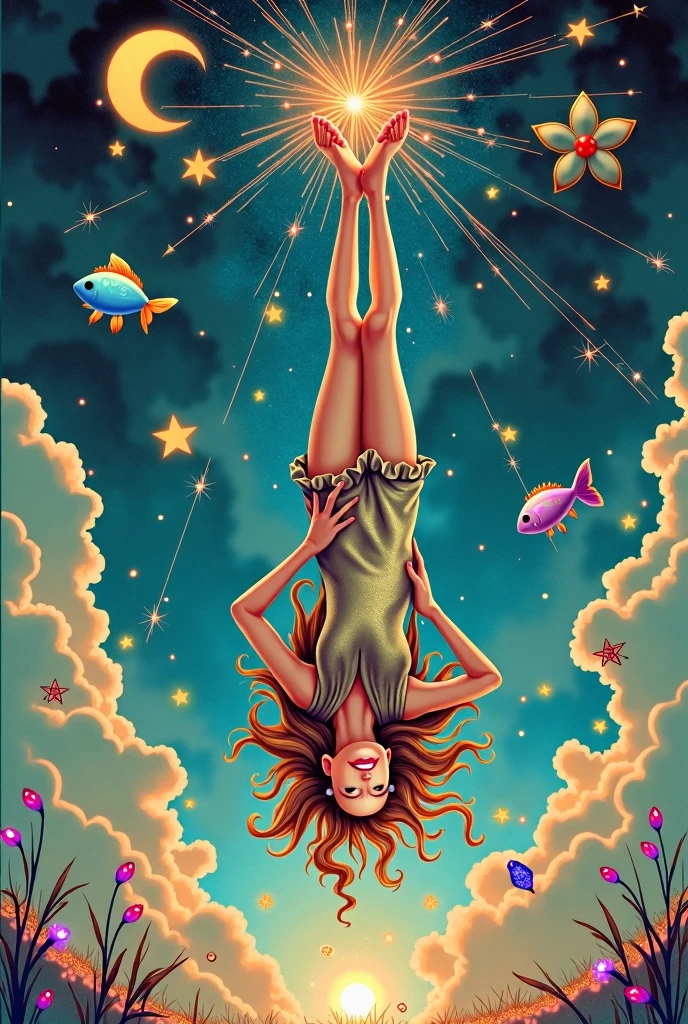 sparks clouds sparks moon stars , white blue sky sparks,, remedios varo SURREALISM harlequin hanging out upside down by feet smiling  wavy hair. long cape sparks, liliums sparks  , sky full of  sparks   , heart sparks ,, stars sparks  , ,jewels SPARKS diamonds pearls rubies zafires ,  barbwire silver sparks , the four elements garland , fishes , white ice blue scarlet orange whitesparks, fireflies
[Watercolor (SDXL)]