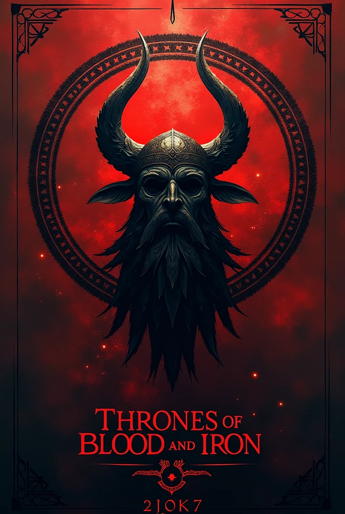 A cover, that has Viking symbols and the text “thrones of blood and iron”
