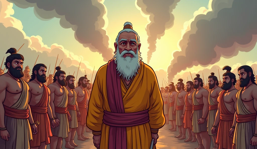 cartoon style द्रोणाचार्य, एक अनुभवी और धीर संत, अपने शिष्यों के साथ युद्ध का निरीक्षण करते हुए, उनके चेहरे पर चिंतनशील भाव।