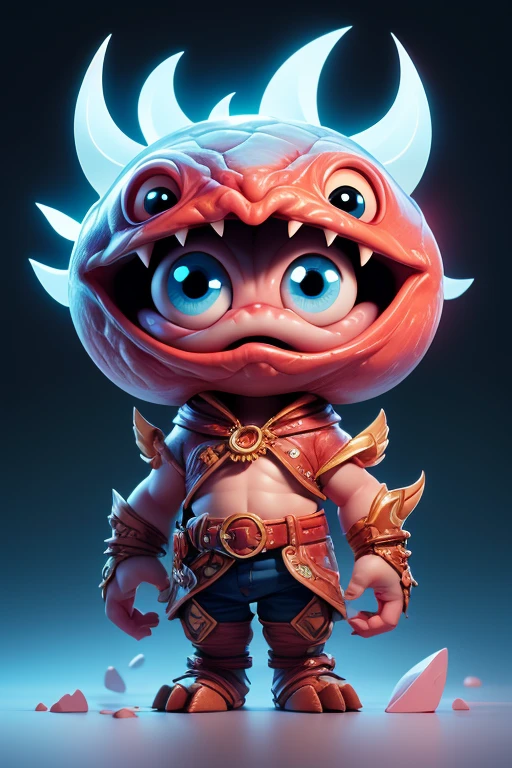 Create a monster image, a small, big-headed, baby monster.. The body is transparent and can be seen through. The image is sharp and detailed., with beautiful colors.. With arms, leg, eyes, mouth, พื้นหลังสีlegว