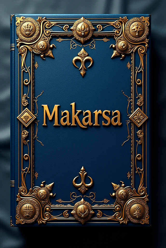 the cover of the novel with typical royal carvings, dark blue with gold alloys, entitled MAKARSA