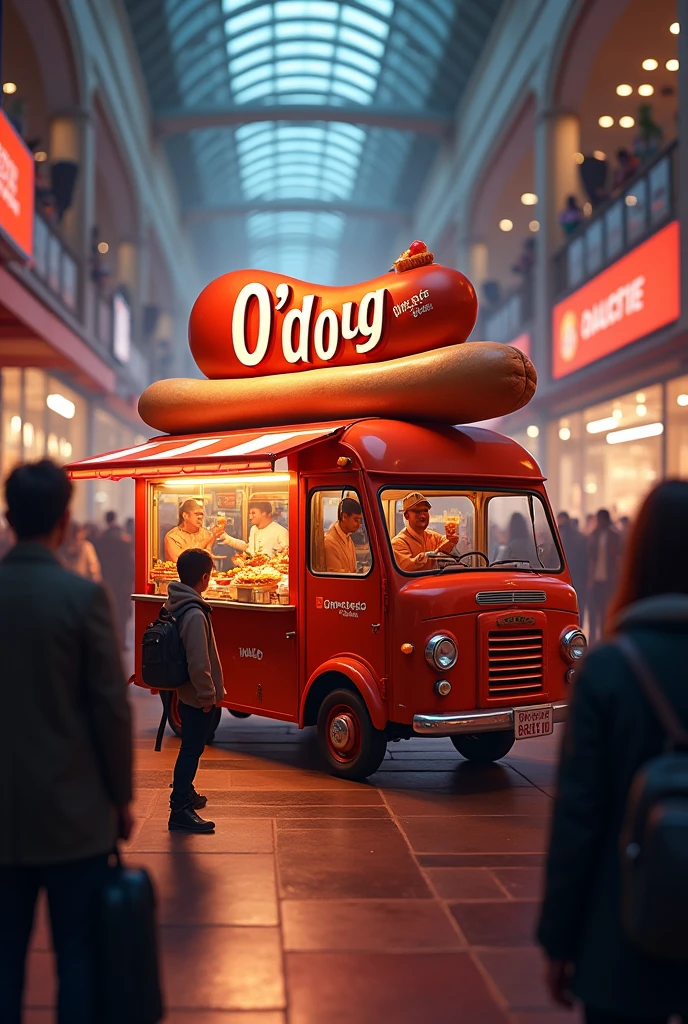 A hot dog food truck with the disappointed O&#39;Dog logo in black on a red background in the middle of a crowded shopping mall 