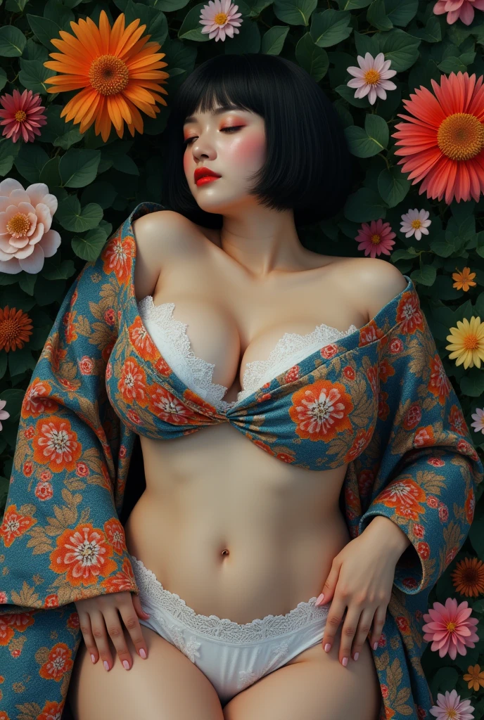 Best quality, masterpiece, ultra high res, photorealistic:1.5, raw photo, 1 girl, colorful kimono, flowers texture, off-shoulders, cleavage, show shoulders, colorful, low key, cold light, sexy look, bob hair, big breast: 1.3, show big thigh, plump body, (lying on the flower garden), white lace panties, (furrowed eyebrows), (closing eyes), (face turned sideways), from above.