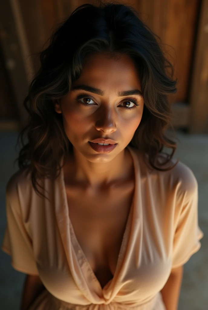 top angle view Indian woman bending down showing oversized think blouse sexy fac expressions prime professional lens, wooden house, rustic, magnificent cinematic lighting
