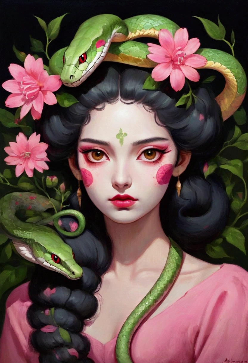 A beautiful girl,A painting with a pink flower on the head, Snake Face Woman, Ms. Entropy,