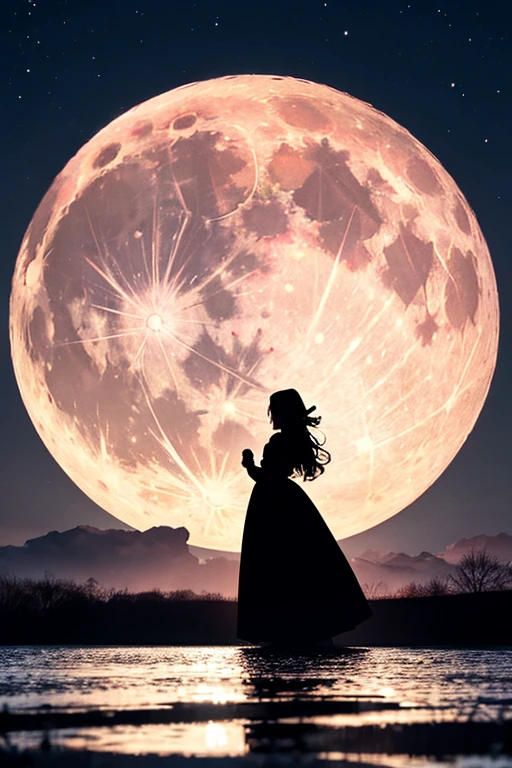 Highest quality,Big moon and shadow,A silhouette of a person can be seen against the backdrop of a large moon.,There is one full moon,There is a mood,Beautiful scenery,Starry Sky