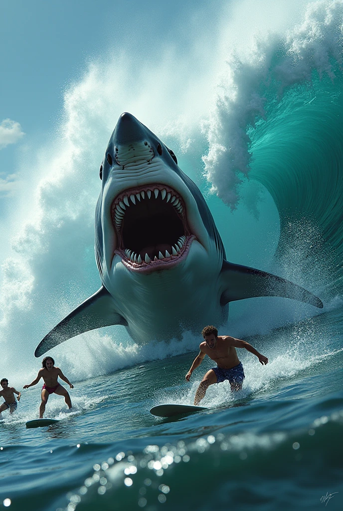 giant shark in big waves chasing surfers